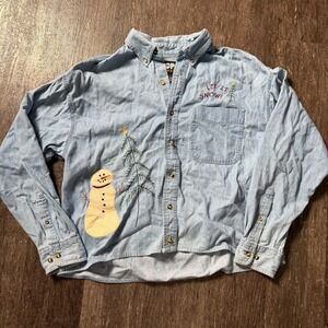Copa Banana Denim Shirt Womens Large Light Blue Snowman Christmas Let It Snow